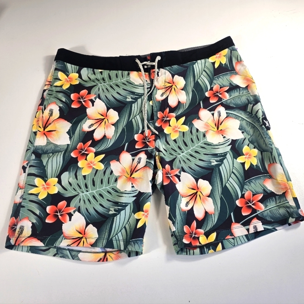 Hurley Phantom Hawaiian Board Shorts Mens 38 Blue Green Flap Back Pocket Preppy^